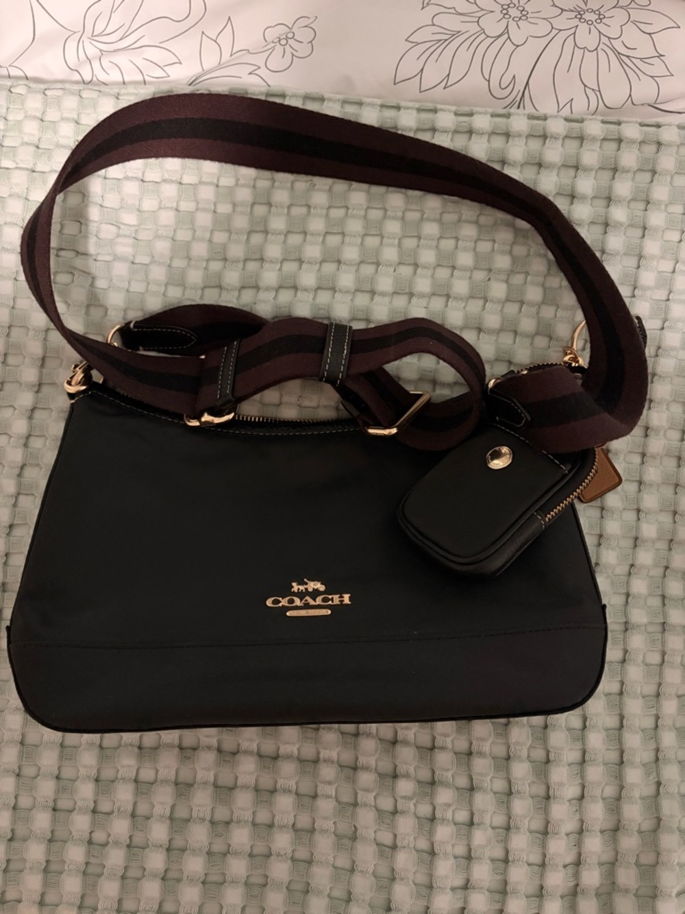Coach Ellis Black Nylon Crossbody Bag with Striped Strap